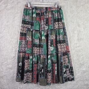 Womens XL Tiered Paisley Maxi Skirt Patchwork Colorful Boho Peasant